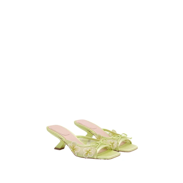 JW PEI Mireille Bow Floral Embroidered Applique Mesh Heeled Sandals in Chartreuse | Sandals | Luxury Shoes 