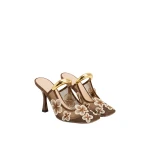 JW PEI Mireille Pierced Floral Embroidered Applique Mesh Mules in Brown | Mules | Luxury Shoes 