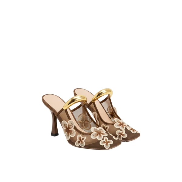 JW PEI Mireille Pierced Floral Embroidered Applique Mesh Mules in Brown | Mules | Luxury Shoes 