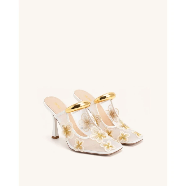 JW PEI Mireille Pierced Floral Embroidered Applique Mesh Mules in Ivory | Mules | Luxury Shoes 
