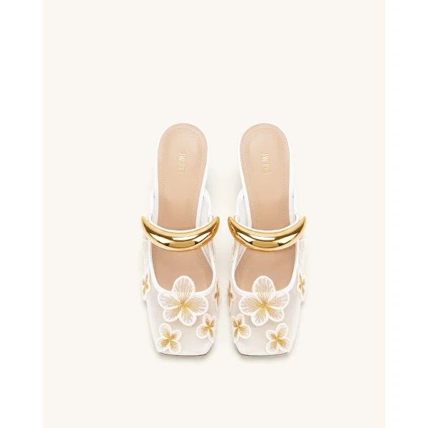 JW PEI Mireille Pierced Floral Embroidered Applique Mesh Mules in Ivory | Mules | Luxury Shoes 