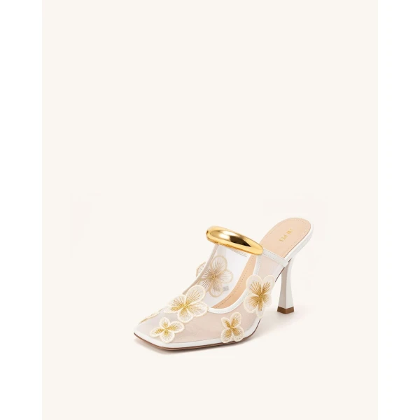 JW PEI Mireille Pierced Floral Embroidered Applique Mesh Mules in Ivory | Mules | Luxury Shoes 