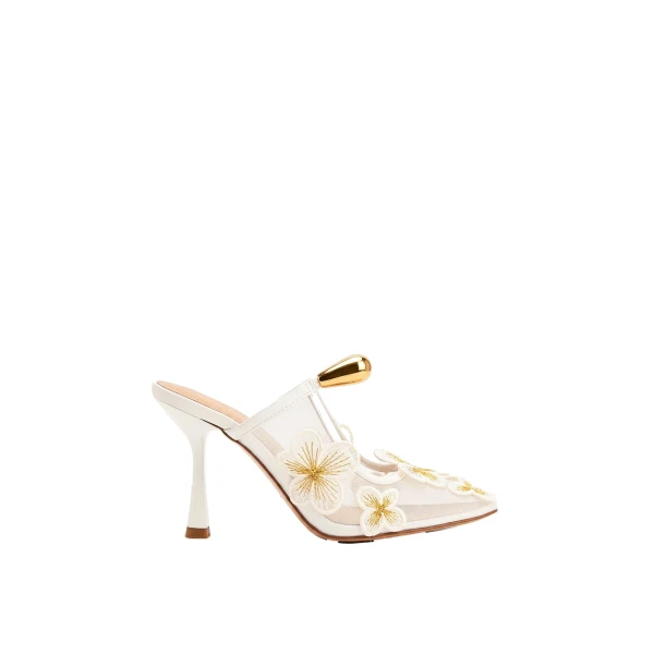 JW PEI Mireille Pierced Floral Embroidered Applique Mesh Mules in Ivory | Mules | Luxury Shoes 