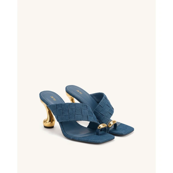 JW PEI Noemi Square-Toe Woven Hardware Mules in Denim Blue | Mules | Luxury Shoes 