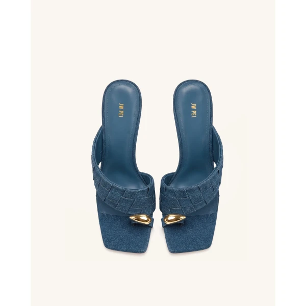 JW PEI Noemi Square-Toe Woven Hardware Mules in Denim Blue | Mules | Luxury Shoes 