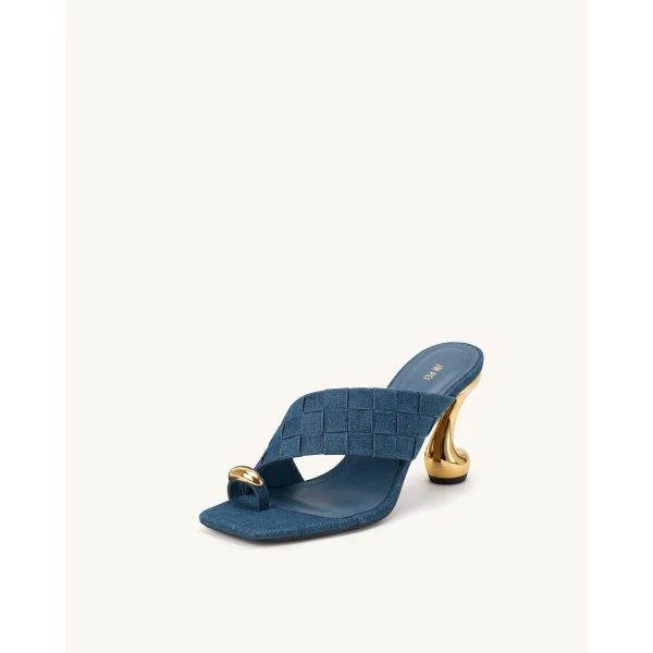 JW PEI Noemi Square-Toe Woven Hardware Mules in Denim Blue | Mules | Luxury Shoes 
