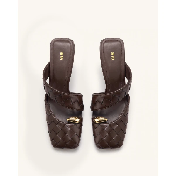 JW PEI Noemi Woven Hardware Closed-Toe Mules in Dark Brown | Mules | Luxury Shoes 