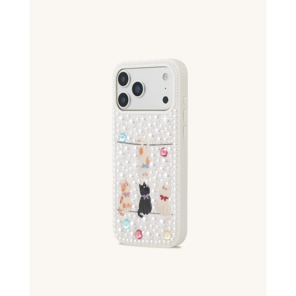 JW PEI Pearl-Embellished Playful Cats Phone Case in White | Phone Cases | Luxury Shoes 