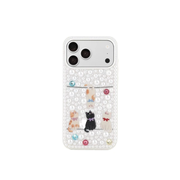 JW PEI Pearl-Embellished Playful Cats Phone Case in White | Phone Cases | Luxury Shoes 