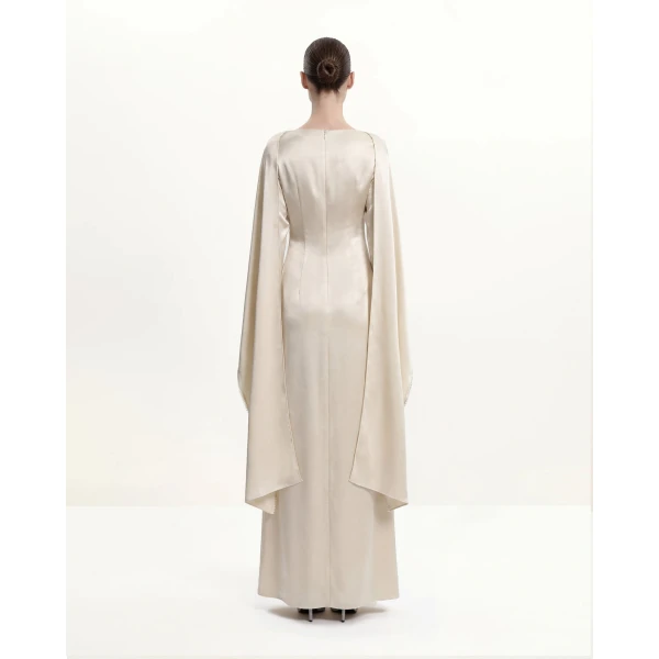 JW PEI Pearl-Trimmed Cape Sleeve Boat Neck Maxi Gown in Cream | Evening Gowns | Luxury Shoes 