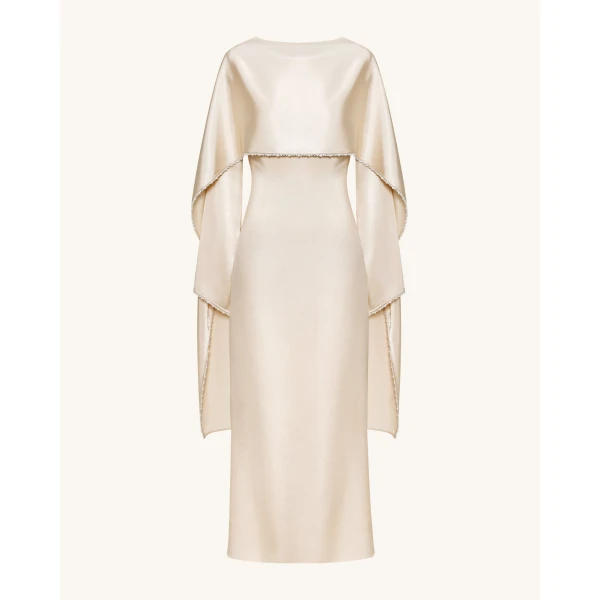 JW PEI Pearl-Trimmed Cape Sleeve Boat Neck Maxi Gown in Cream | Evening Gowns | Luxury Shoes 