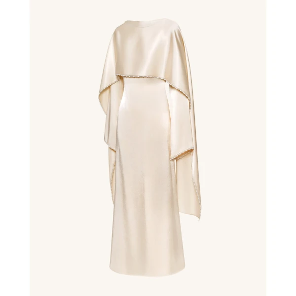 JW PEI Pearl-Trimmed Cape Sleeve Boat Neck Maxi Gown in Cream | Evening Gowns | Luxury Shoes 