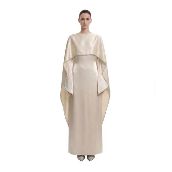 JW PEI Pearl-Trimmed Cape Sleeve Boat Neck Maxi Gown in Cream | Evening Gowns | Luxury Shoes 