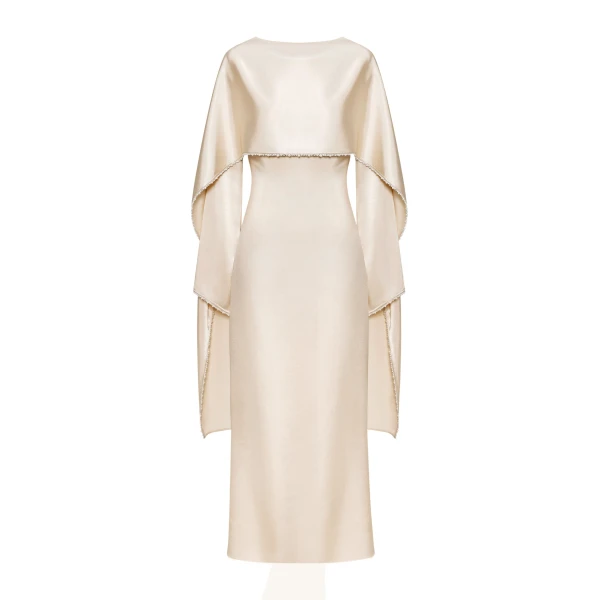 Pearl-Trimmed Cape Sleeve Boat Neck Maxi Gown in Cream