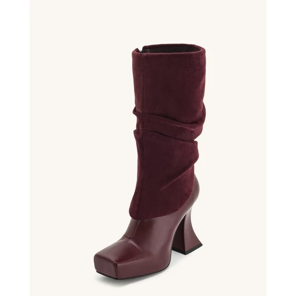 JW PEI Reyna Square Toe Platform Knit Boots in Claret Red | Boots | Luxury Shoes 