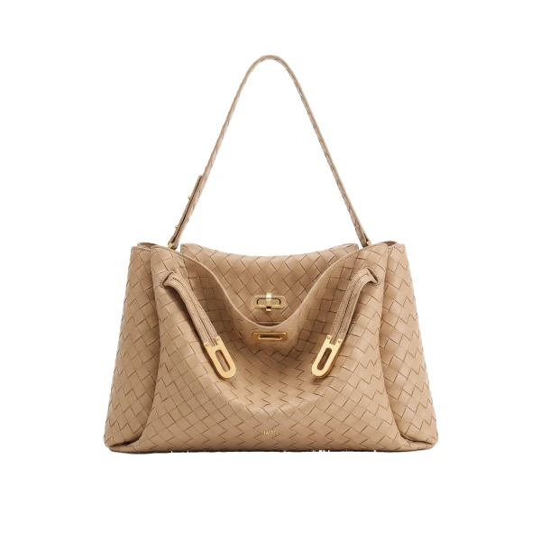 Rhea Large Woven Textured Shoulder Bag in Light Apricot