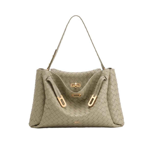 Rhea Large Woven Textured Shoulder Bag in Light Grey Green