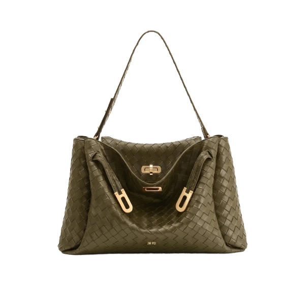 Rhea Large Woven Textured Shoulder Bag in Olive Green