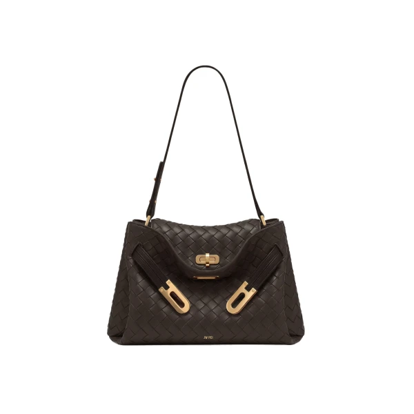 JW PEI Rhea Woven Texture Double Buckle Shoulder Bag in Chocolate Brown | Shoulder & Crossbody Bags | Luxury Shoes 