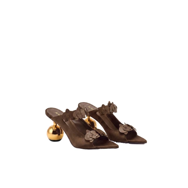 JW PEI Rosalie Orchid Applique Sphere Heel Mules in Brown | Mules | Luxury Shoes 