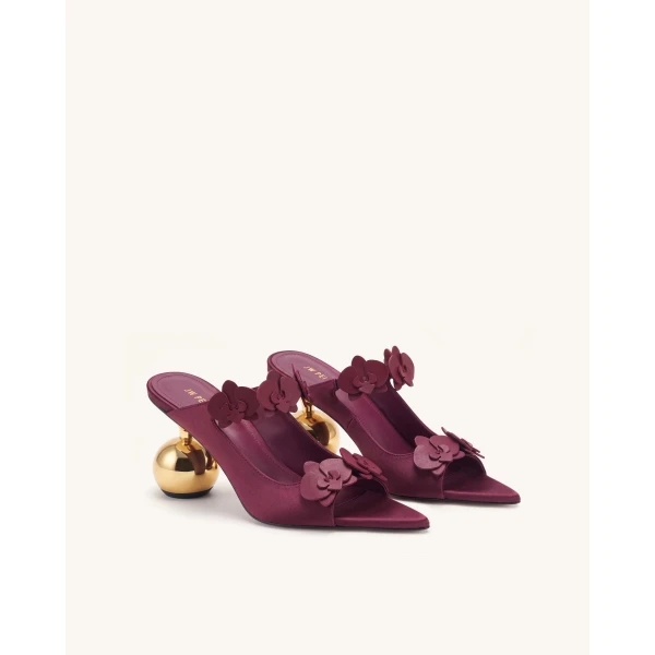 JW PEI Rosalie Orchid Applique Sphere Heel Mules in Burgundy | Mules | Luxury Shoes 