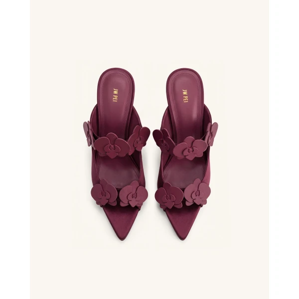 JW PEI Rosalie Orchid Applique Sphere Heel Mules in Burgundy | Mules | Luxury Shoes 