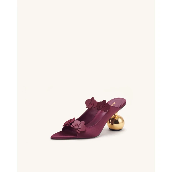 JW PEI Rosalie Orchid Applique Sphere Heel Mules in Burgundy | Mules | Luxury Shoes 