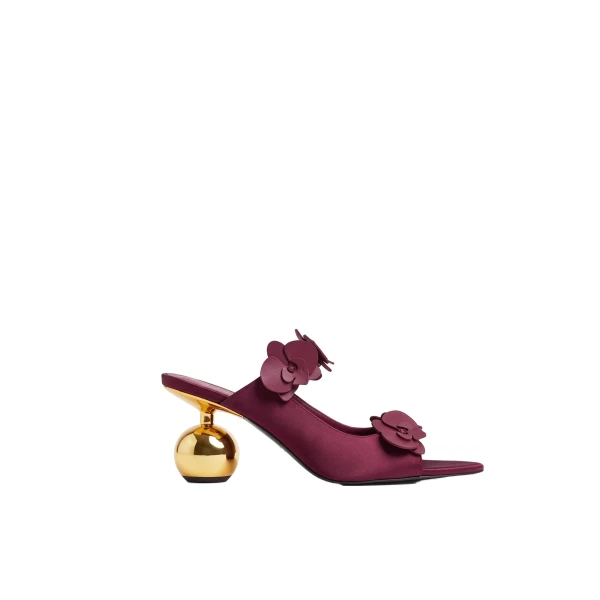 JW PEI Rosalie Orchid Applique Sphere Heel Mules in Burgundy | Mules | Luxury Shoes 