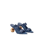 JW PEI Rosalie Orchid Applique Sphere Heel Mules in Denim Blue | Mules | Luxury Shoes 