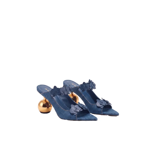 JW PEI Rosalie Orchid Applique Sphere Heel Mules in Denim Blue | Mules | Luxury Shoes 