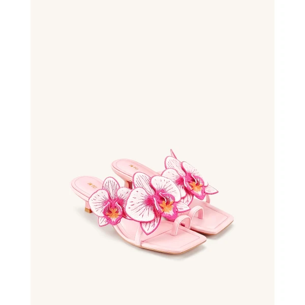 JW PEI Serena Orchid Embroidered Toe Ring Heeled Sandals in Baby Pink | Sandals | Luxury Shoes 