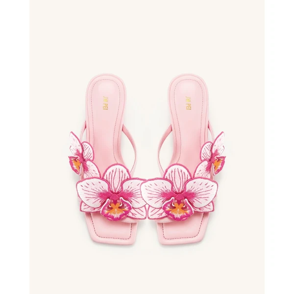 JW PEI Serena Orchid Embroidered Toe Ring Heeled Sandals in Baby Pink | Sandals | Luxury Shoes 