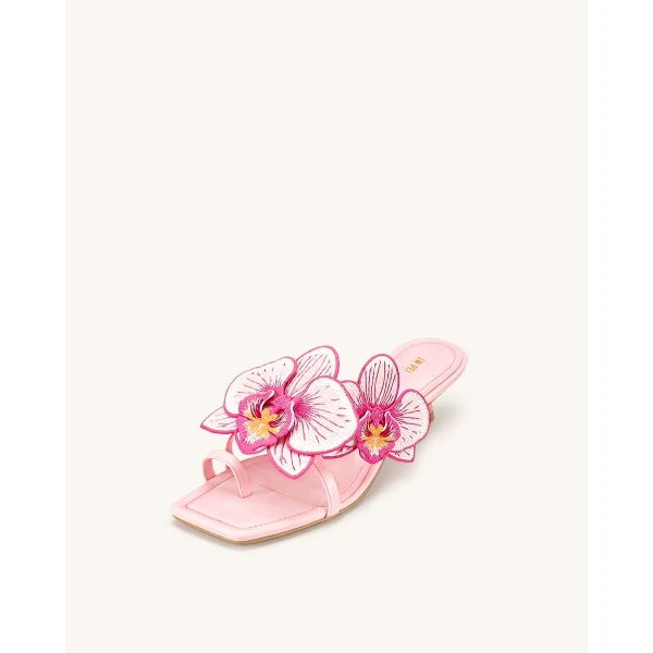 JW PEI Serena Orchid Embroidered Toe Ring Heeled Sandals in Baby Pink | Sandals | Luxury Shoes 