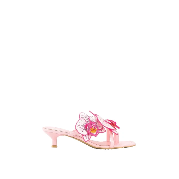 JW PEI Serena Orchid Embroidered Toe Ring Heeled Sandals in Baby Pink | Sandals | Luxury Shoes 