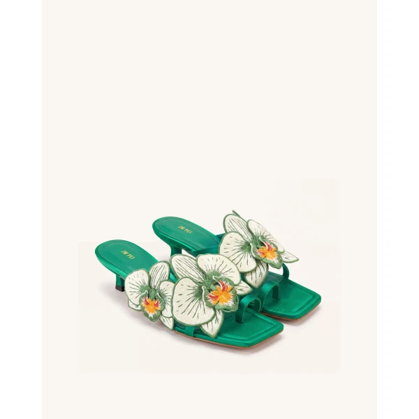 JW PEI Serena Orchid Embroidered Toe Ring Heeled Sandals in Emerald Green | Sandals | Luxury Shoes 