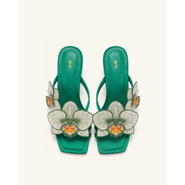 JW PEI Serena Orchid Embroidered Toe Ring Heeled Sandals in Emerald Green | Sandals | Luxury Shoes 
