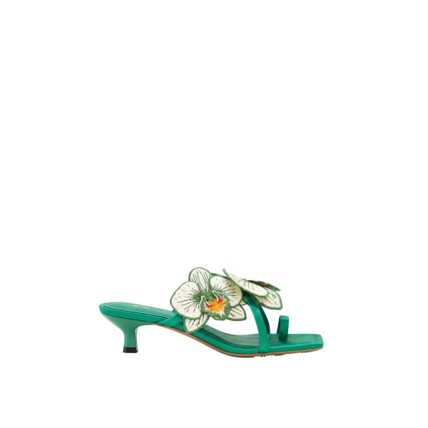 JW PEI Serena Orchid Embroidered Toe Ring Heeled Sandals in Emerald Green | Sandals | Luxury Shoes 