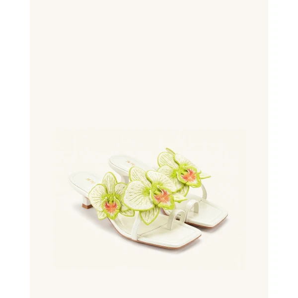 JW PEI Serena Orchid Embroidered Toe Ring Heeled Sandals in Ivory Green | Sandals | Luxury Shoes 