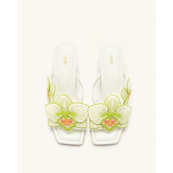 JW PEI Serena Orchid Embroidered Toe Ring Heeled Sandals in Ivory Green | Sandals | Luxury Shoes 