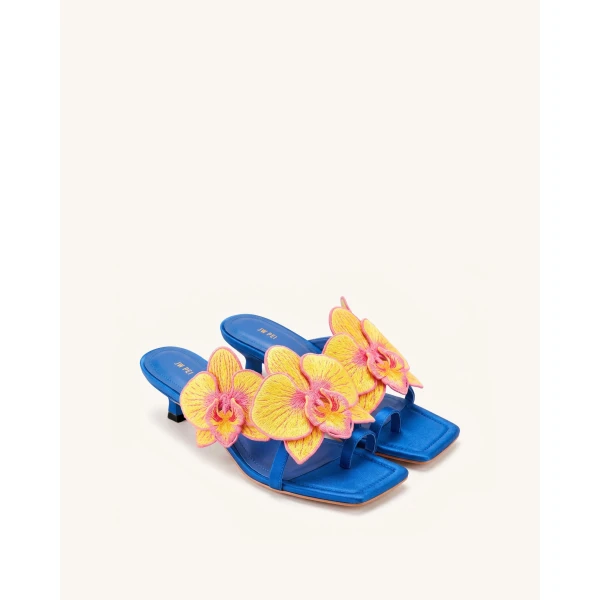 JW PEI Serena Orchid Embroidered Toe Ring Heeled Sandals in Royal Blue | Sandals | Luxury Shoes 