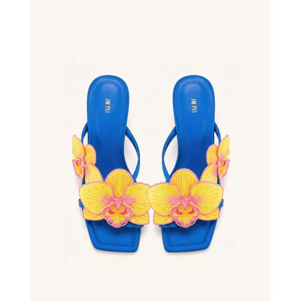 JW PEI Serena Orchid Embroidered Toe Ring Heeled Sandals in Royal Blue | Sandals | Luxury Shoes 