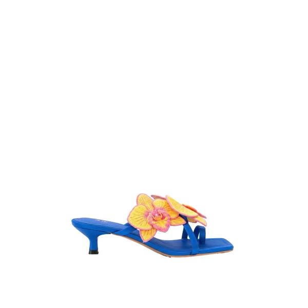 JW PEI Serena Orchid Embroidered Toe Ring Heeled Sandals in Royal Blue | Sandals | Luxury Shoes 