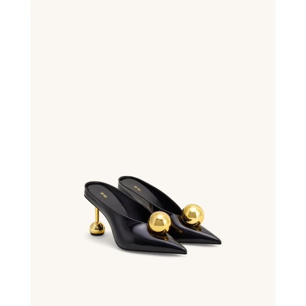 JW PEI Sofia Angled Vamp Heel Mules in Black & Gold | Mules | Luxury Shoes 