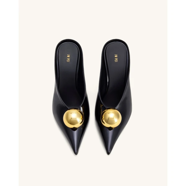 JW PEI Sofia Angled Vamp Heel Mules in Black & Gold | Mules | Luxury Shoes 