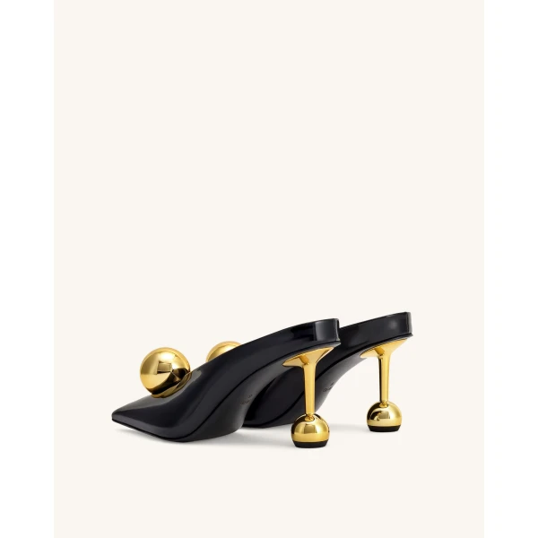 JW PEI Sofia Angled Vamp Heel Mules in Black & Gold | Mules | Luxury Shoes 