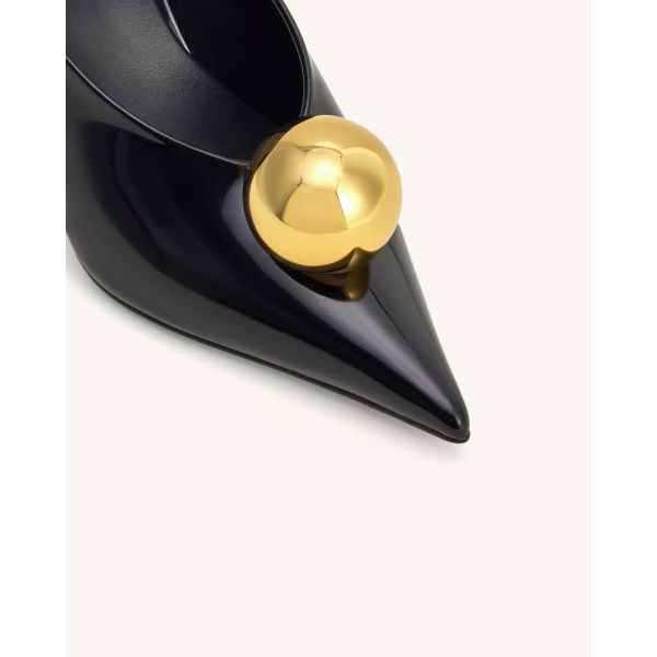 JW PEI Sofia Angled Vamp Heel Mules in Black & Gold | Mules | Luxury Shoes 