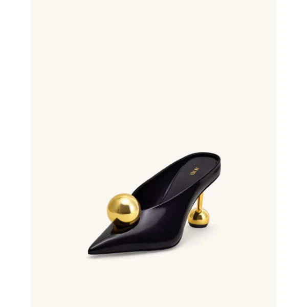 JW PEI Sofia Angled Vamp Heel Mules in Black & Gold | Mules | Luxury Shoes 