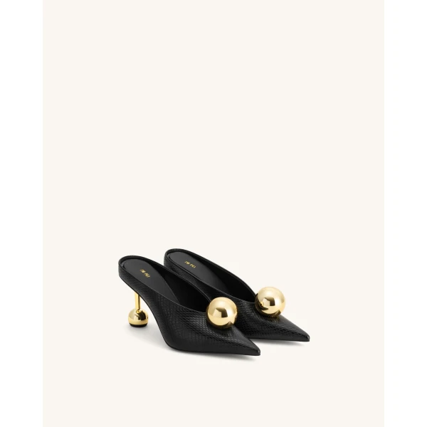 JW PEI Sofia Angled Vamp Snakeskin Heel Mules in Black | Mules | Luxury Shoes 