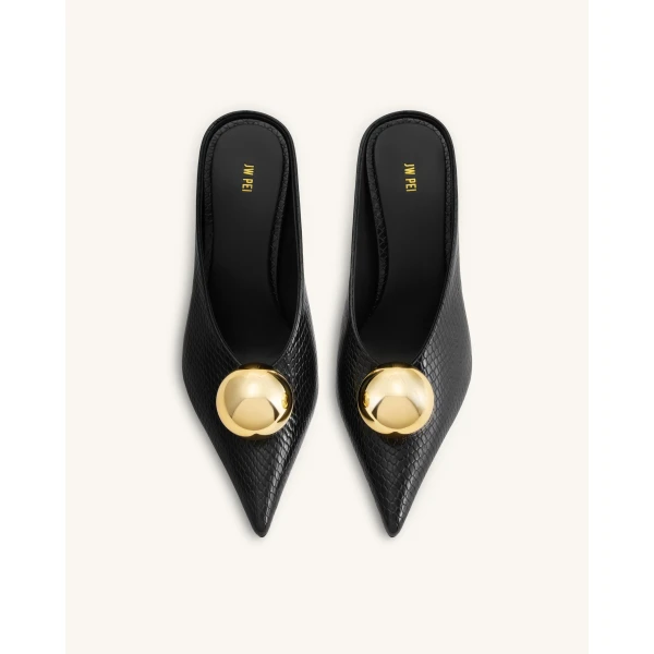 JW PEI Sofia Angled Vamp Snakeskin Heel Mules in Black | Mules | Luxury Shoes 