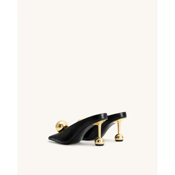JW PEI Sofia Angled Vamp Snakeskin Heel Mules in Black | Mules | Luxury Shoes 